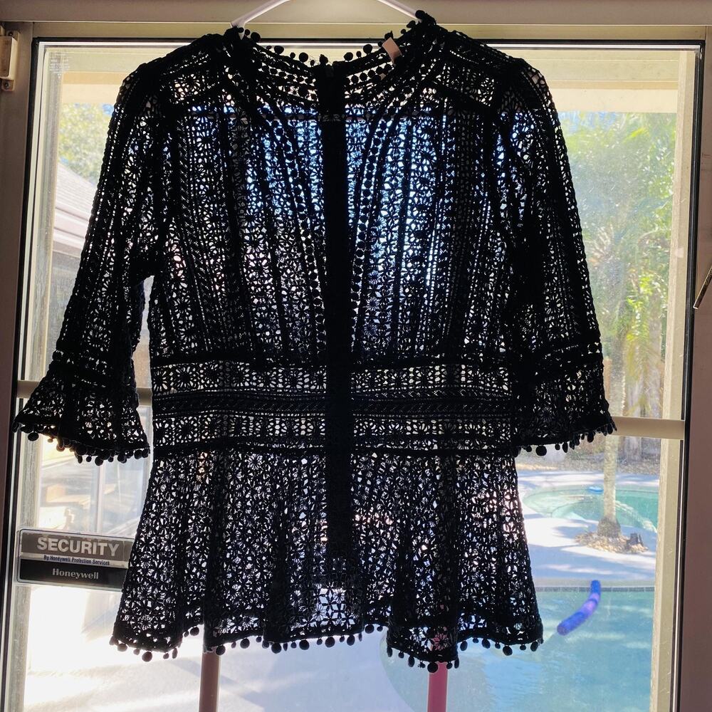 Rebecca Taylor Shirt Womens 0 Sheer Lace Peplum Guipure Crochet Goth Grunge